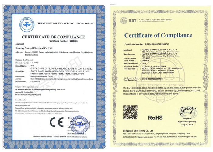 certification of G16T5 UVC light germicidal